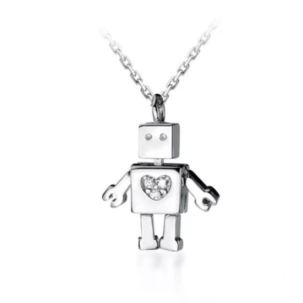 925 Sterling Silver Dazzling Hearts Robot Pendant Necklace
